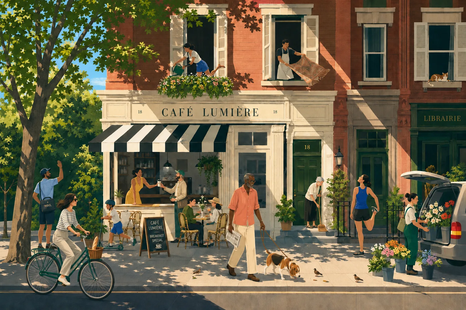 A neighborhood block with a busy corner café, drifting slowly from sunlit morning to lamplit evening: the owner hands over a coffee, neighbors sit at sidewalk tables, a cyclist rolls past with a baguette, and a beagle leads its owner along the pavement.